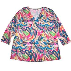 Patchington Paisley Top XL Colorful Boho Coastal Preppy Stretch V Neck